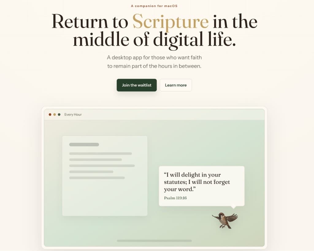 Every Hour marketing site hero: Return to Scripture in the middle of digital life, with a desktop companion preview showing a passage bubble and sparrow