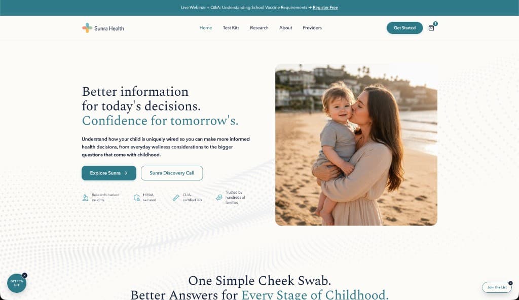 Sunra Health homepage with pediatric health messaging and a parent holding a child on a beach
